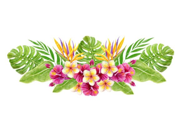 Download Tropical Flowers Palm Leaves Bouquet PNG - Tropical Collection