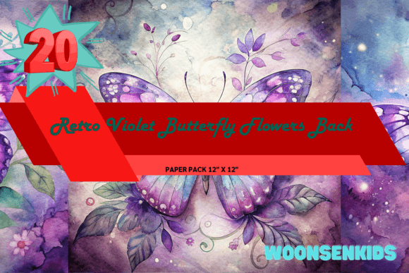 Download New Retro Violet Butterfly Flowers Background Watercolor Png Kdp Digital Paper - Violet Collection