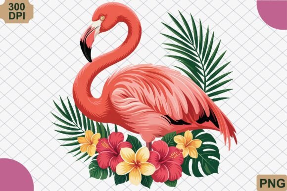 Download Flamingo with Tropical Flowers PNG - Tropical Collection